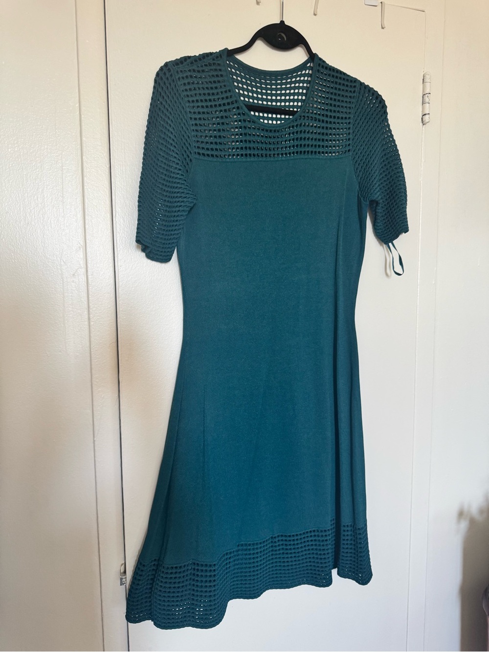 Teal Midi Dress with Crochet Yoke and Hem